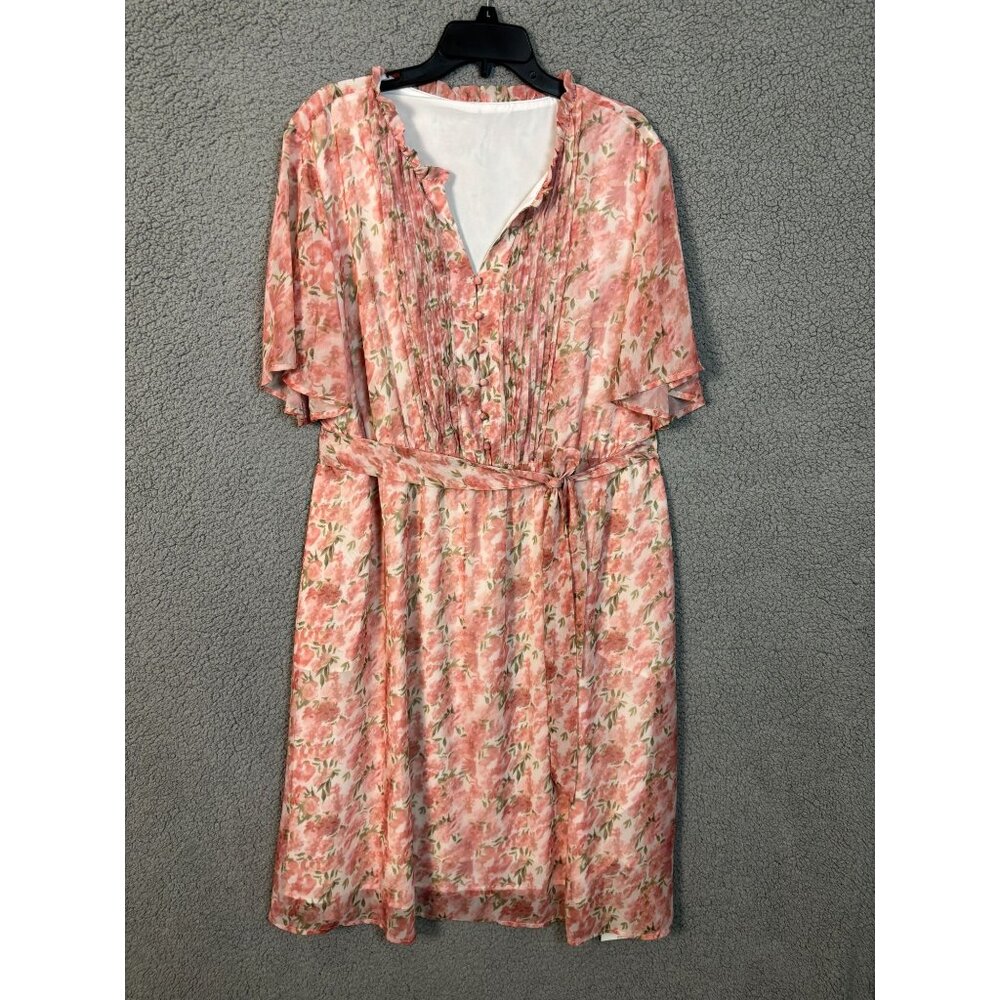 Roschico Women's 4XL Plus Pink Floral Ruffle Dress Belted & Pleated Multi NWT's